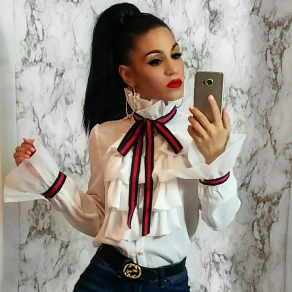 ruffle bow tie blouse